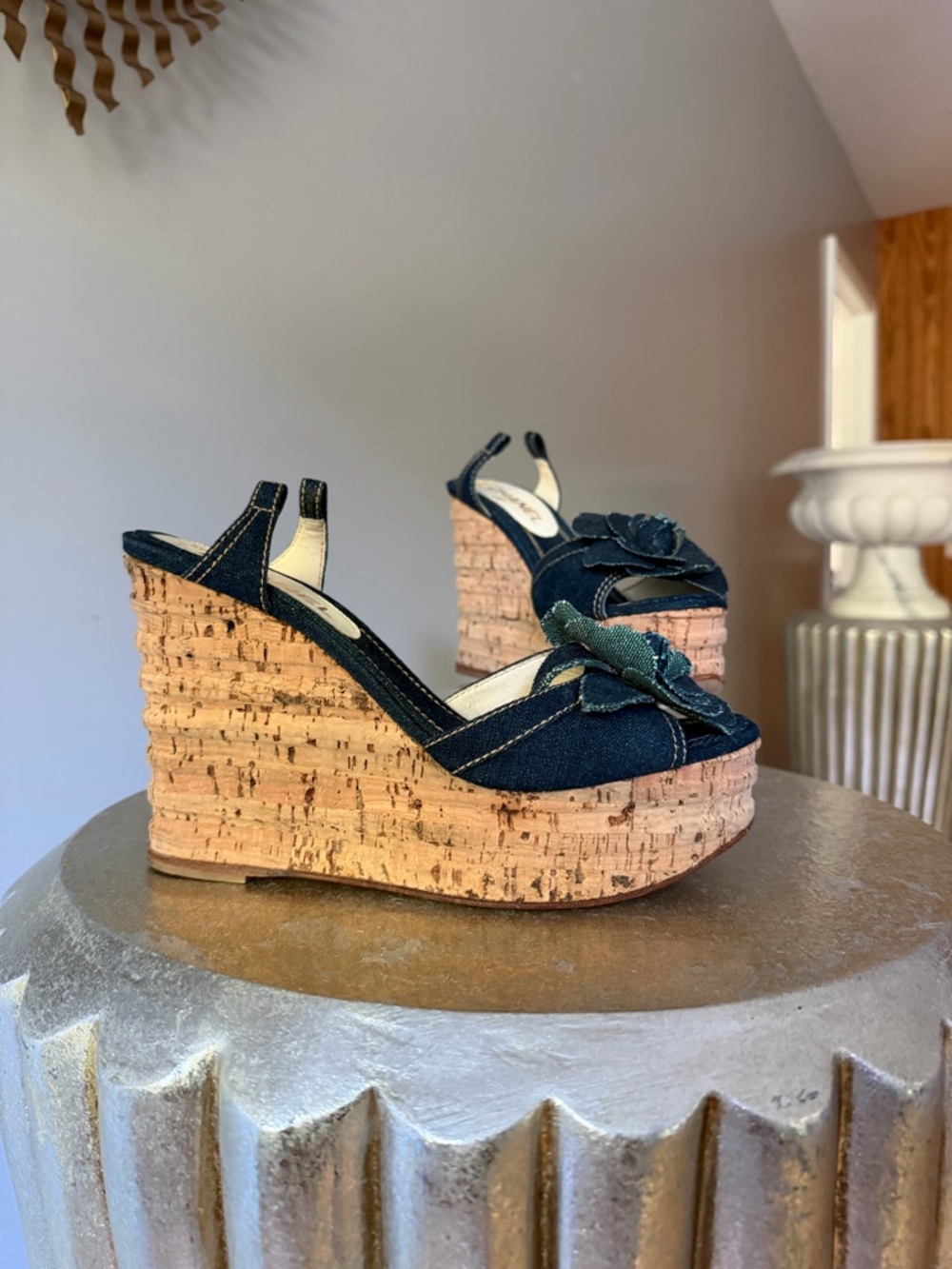 CHANEL - Blue Denim Camellia Cork Platform Slingback Wedges - Picture 4 of 11